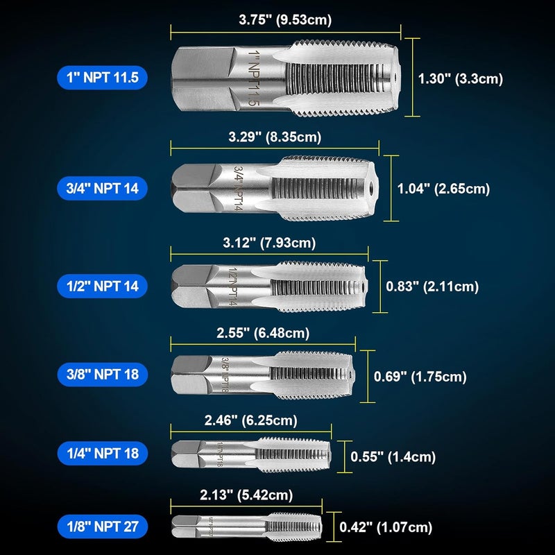 Toolwiz 6Pcs NPT Pipe Tap Set, 1", 3/4", 1/2", 3/8", 1/4", 1/8" Professional Taps Kit, Pipe Thread Cutting Tool with 4-Straight Flute Cutting Design, Alloy Steel NPT Tap Set with Storage Case - Image 3